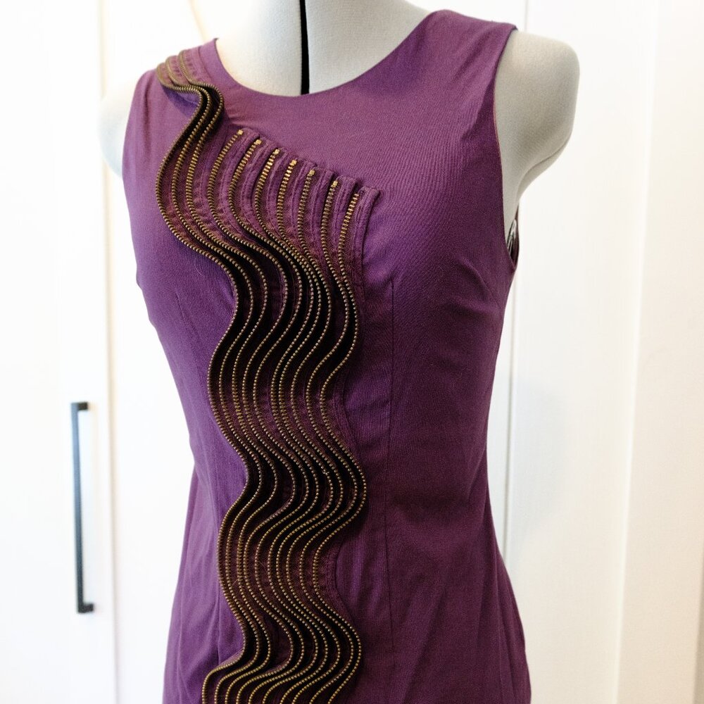 Sleeveless Purple Mini Dress with Wavy Gold Trim